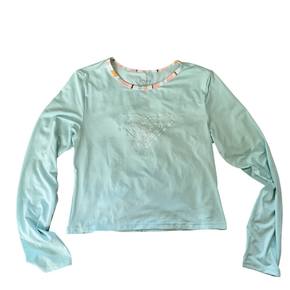 Roxy Girl Aqua Blue Heart Logo Long Sleeve Rash Guard Swim Top XL 18/20